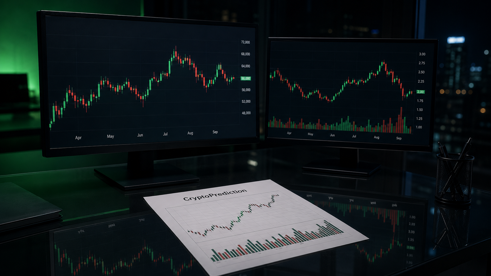 CryptoPrediction research desk with market charts
