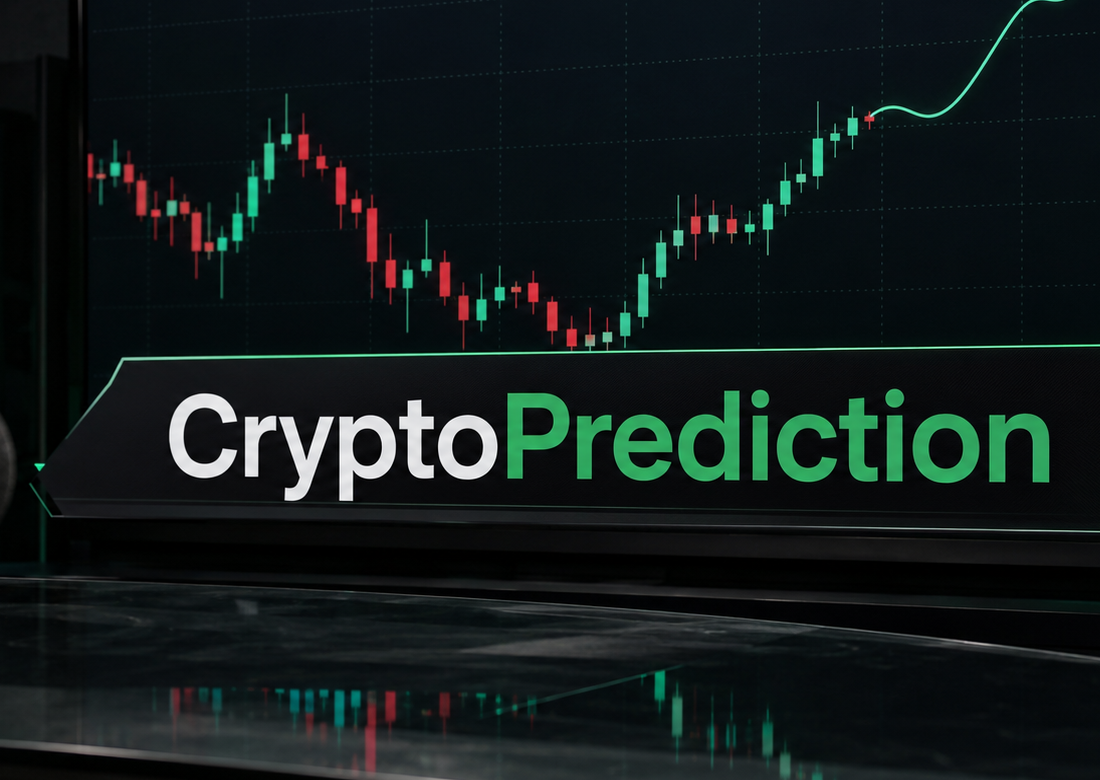 Dark-glass markets and media desk with the CryptoPrediction mark